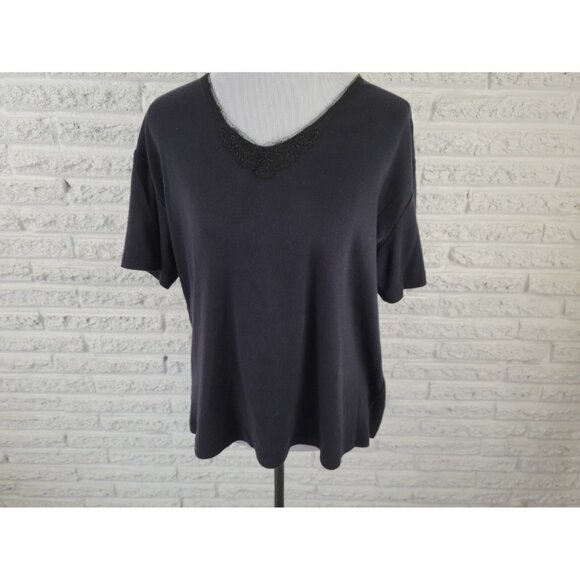 Jenny Womens Top 1X Plus Tee Short Sleeve Pullover VNeck Lace Neck BLA133E - Picture 1 of 6